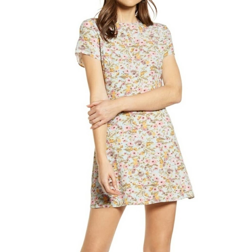 Something Navy Floral Mini‎ Dress XS Aqua Pink Yellow Short Sleeve